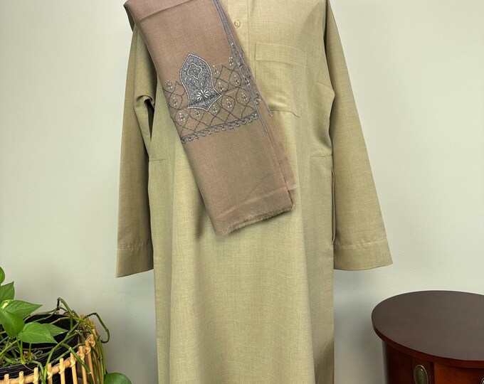 Taha Sandala Hand Embroidered Wool Shawl - Sepia Grey Tan