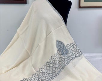 Taha Sandala Wool Shawl - Hand Embroidered - Light Cream with Stone Blue and Grey
