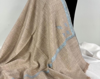 Hand Embroidered Cashmere Shawl - GI Certified Handloom Handspun - Two-Tone Salt Tan No. 1
