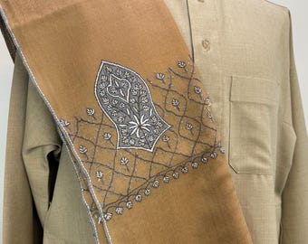 Taha Sandala Hand Embroidered Wool Shawl - Latte Tan