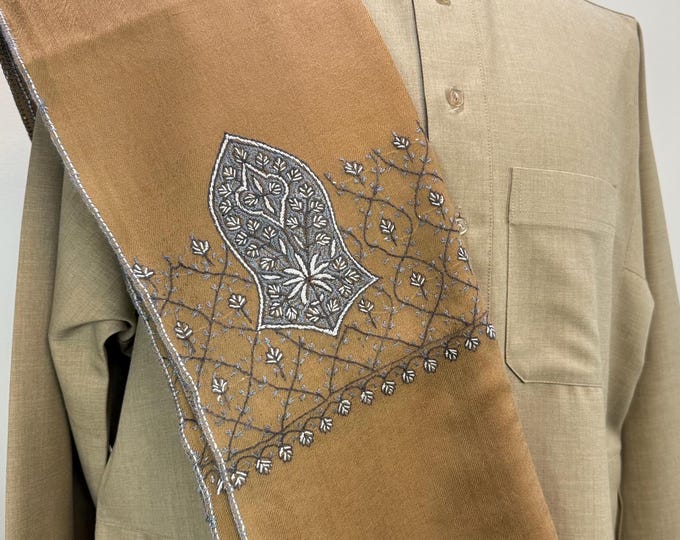 Taha Sandala Hand Embroidered Wool Shawl - Latte Tan