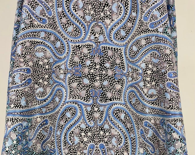 Al Hambra Jamavar  Hand Embroidered Wool Wrap: Black Kashmiri Paisley & Florals Scarf - Silver and Ocean Blue on Black