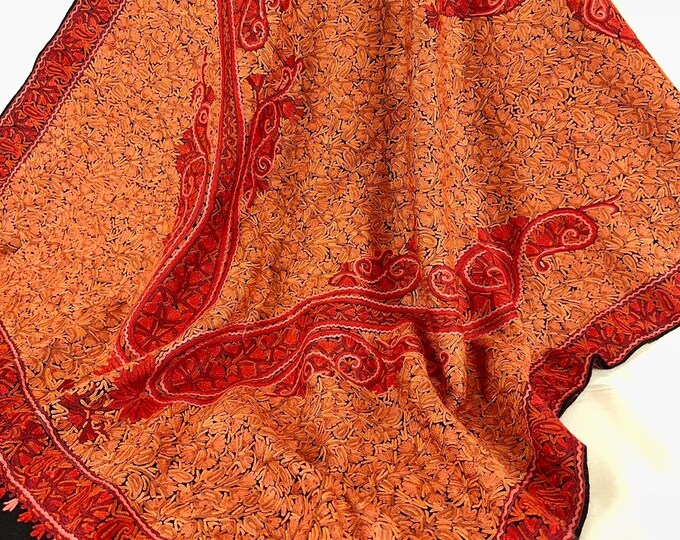 Al Hambra Jamavar - Hand Embroidered Wool Wrap: Black Kashmiri Paisley Scarf  - Orange & Red on Black