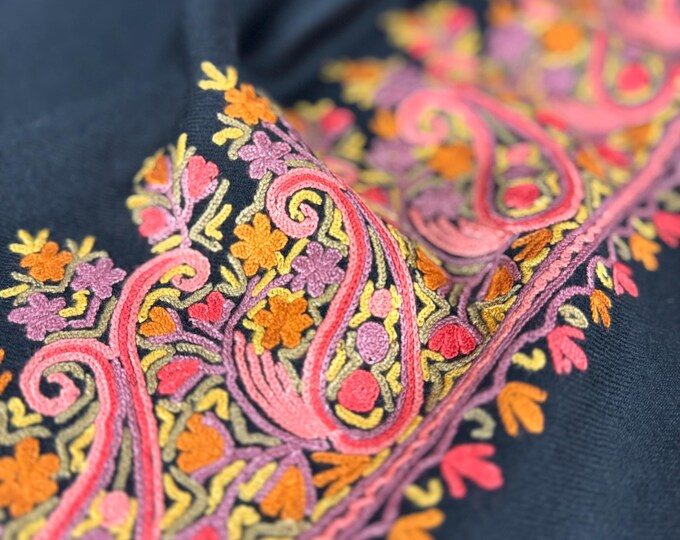 Isabella Hand Embroidered Paisley Wool Scarf / Wrap - Black