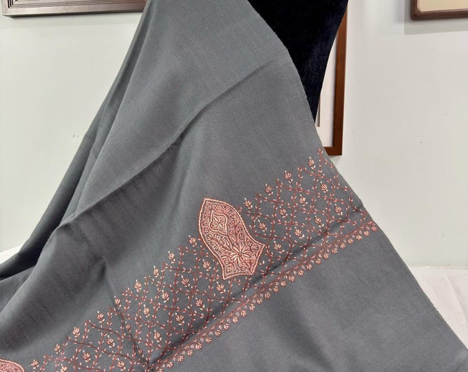 Taha Sandala Hand Embroidered Wool Shawl - Grey