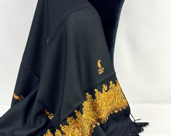 Isabella Hand Embroidered Paisley Wool Scarf / Wrap - Black & Gold