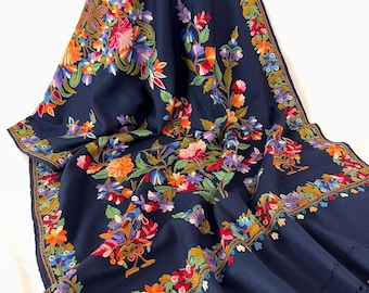 Josephine Designer Wrap / Scarf - Navy Blue - Sober Navy Blue - Hand Embroidered -