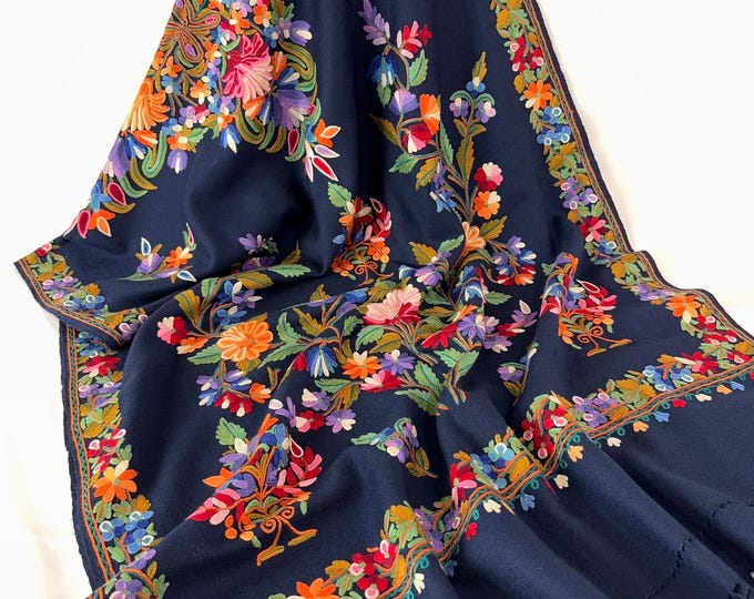 Josephine Designer Wrap / Scarf - Navy Blue - Sober Navy Blue - Hand Embroidered -