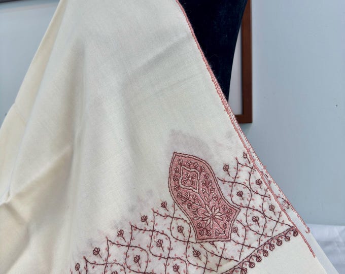 Taha Sandala Wool Shawl - Hand Embroidered - Light Cream with Rouge Pink & Brown