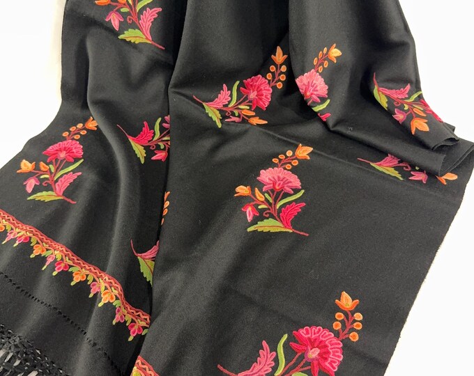 Elizabeth Hand Embroidered Floral Wool Scarf / Wrap