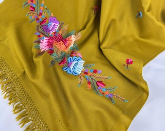 Elizabeth Hand Embroidered Floral Medley Wool Scarf / Wrap - Royal Mustard Gold