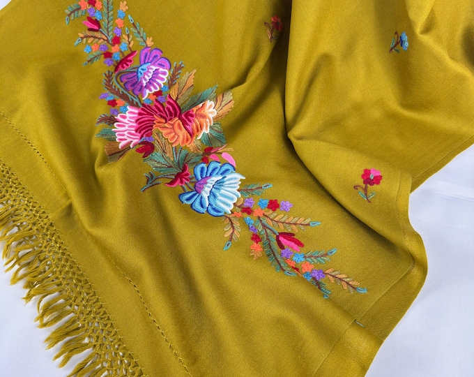 Elizabeth Hand Embroidered Floral Medley Wool Scarf / Wrap - Royal Mustard Gold