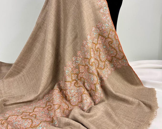 Mumtaz Mahal Cashmere Shawl -  Two-Tone Light Brown Tan - GI Certified Handspun Handloom Hand Embroidered