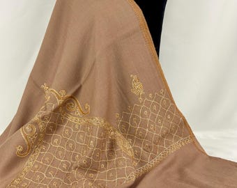 Slender Paisley Hand Embroidered Wool Wrap / Scarf - Sepia Beige