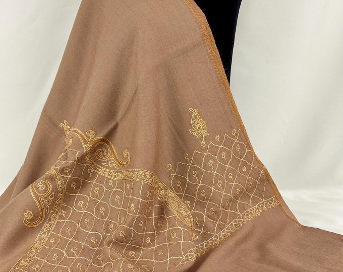 Slender Paisley Hand Embroidered Wool Wrap / Scarf - Sepia Beige