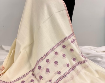 Bahaar Floral Meadow Wrap - Hand Embroidered - Premier Soft Wool - Pearl White