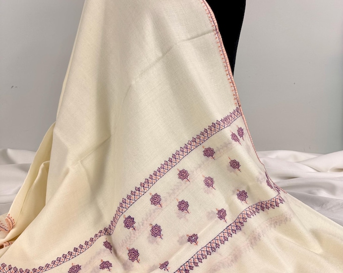 Bahaar Floral Meadow Wrap - Hand Embroidered - Premier Soft Wool - Pearl White