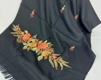 Aisha Hand Embroidered Floral Medley Wool Scarf / Wrap - Black