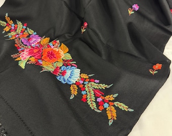 Elizabeth Hand Embroidered Floral Medley Wool Scarf / Wrap - Black