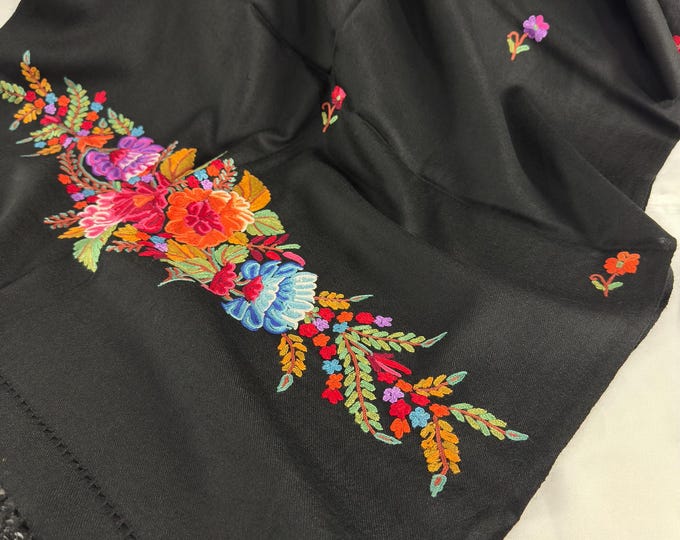 Elizabeth Hand Embroidered Floral Medley Wool Scarf / Wrap - Black
