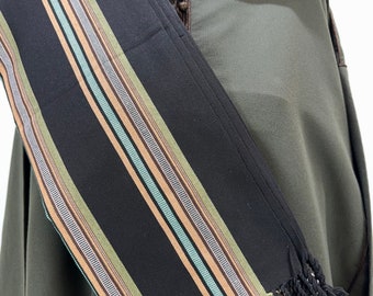 Habirah Yemeni Cotton Shawl - Black #3 - Olive Green & Mustard