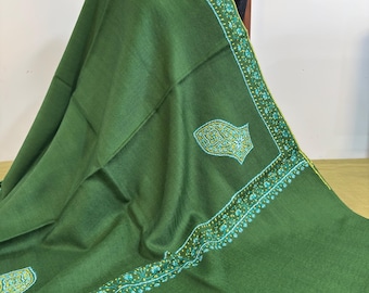 Alawi Sandala Hand Embroidered Wool Shawl - Bright Emerald Green
