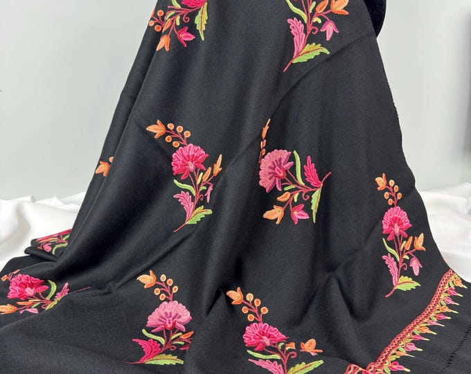 Elizabeth Hand Embroidered Floral Wool Scarf / Wrap