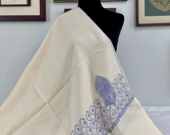 Taha Sandala Wool Shawl - Hand Embroidered - Light Cream with Light Blue & Pastel Purple