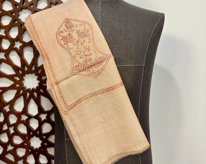 Zayn Sandala Hand Embroidered Wool Shawl - Creamy Oat