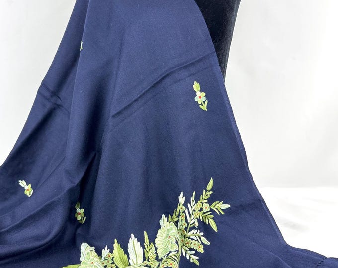Aisha Hand Embroidered Floral Medley Wool Scarf / Wrap - Blue
