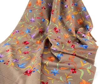 Jali Latticework Hand Embroidered Wool Scarf / Wrap - Light Clay Brown