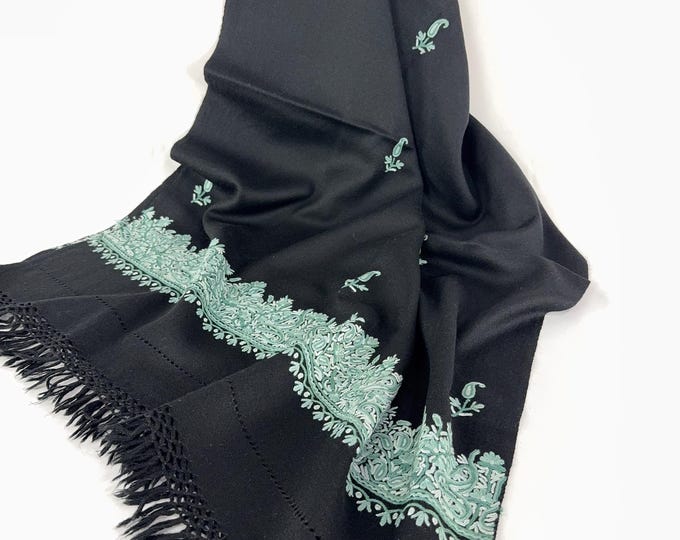 Isabella Hand Embroidered Paisley Wool Scarf / Wrap - Black with Ocean Green Embroidery