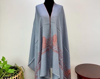 Taha Sandala Hand Embroidered Wool Shawl - Light Silver Stone Blue