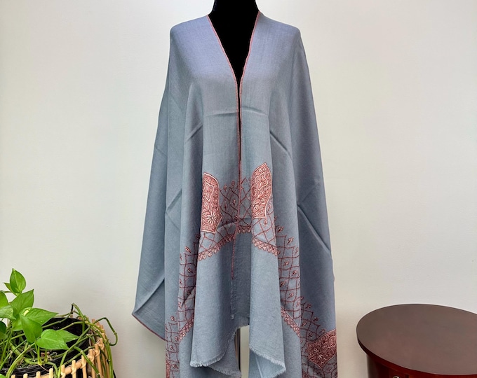 Taha Sandala Hand Embroidered Wool Shawl - Light Silver Stone Blue