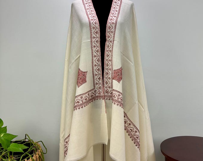 Darqawi Sandala Hand Embroidered Wool Shawl - Alabaster White