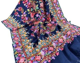 Josephine Designer Wrap / Scarf - Navy Blue - Hand Embroidered