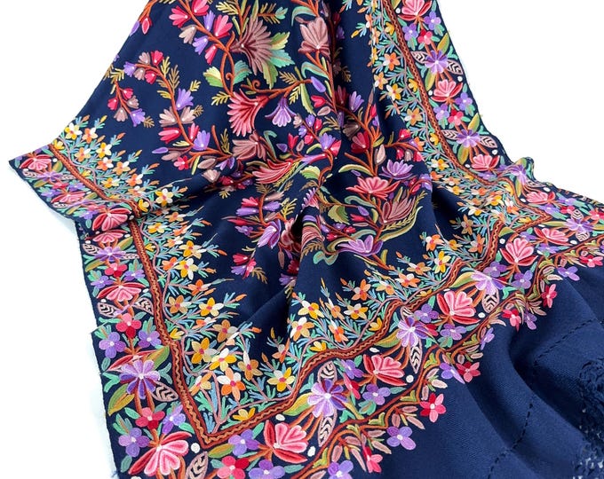 Josephine Designer Wrap / Scarf - Navy Blue - Hand Embroidered