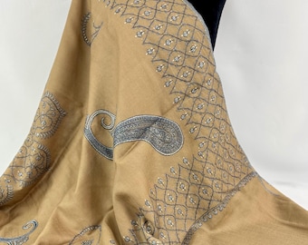 Sunflower Medallion Wool Shawl - Hand Embroidered - Biscotti