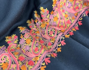 Isabella Hand Embroidered Paisley Wool Scarf / Wrap - Black