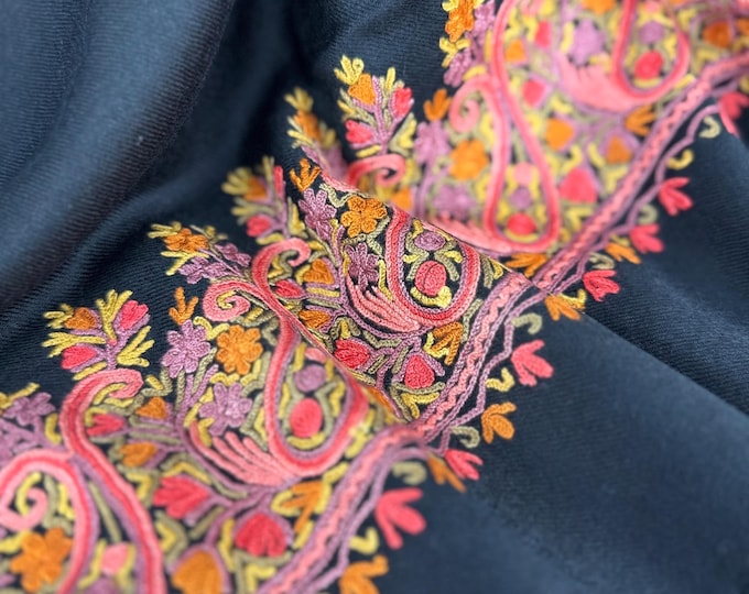 Isabella Hand Embroidered Paisley Wool Scarf / Wrap - Black