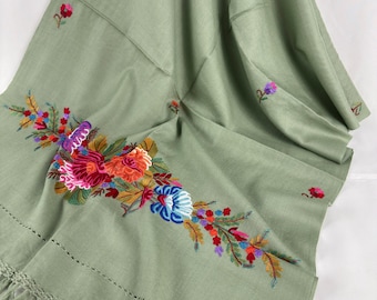 Elizabeth Hand Embroidered Floral Medley Wool Scarf / Wrap - Light Sage Green