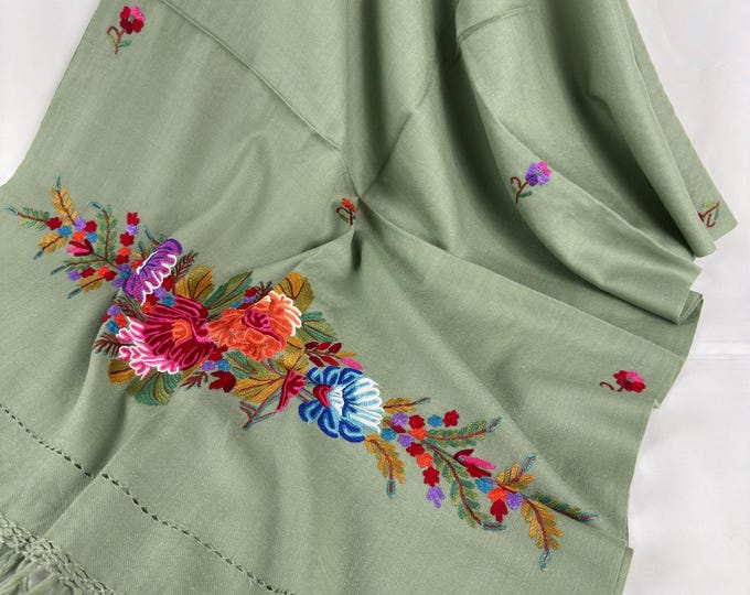 Elizabeth Hand Embroidered Floral Medley Wool Scarf / Wrap - Light Sage Green