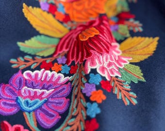 Elizabeth Hand Embroidered Floral Medley Wool Scarf / Wrap - Navy Blue