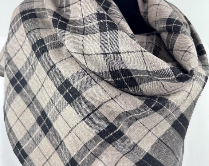Large Plaid Handloom Cashmere Scarf - Black & Silver Taupe