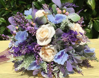 Purple, Blue and Ivory Handmade Silk Flower Bouquet