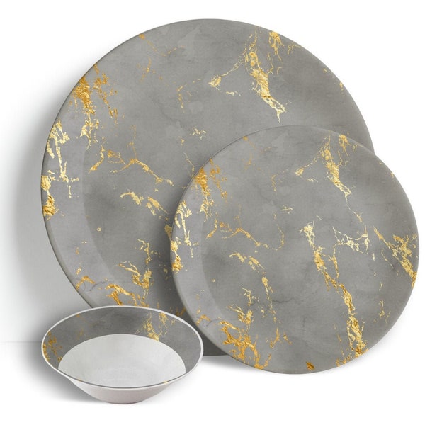 Grey & Gold Marble - 18pc Dinner Set - Ceramic Porcelain China | Dinner Set 6 | Dinner Party | Dinner Service | Dinner Table | Dinnerware