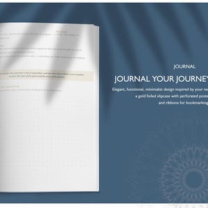 May include: Open journal with text in Arabic and English. The journal is open to a blank page with lines. The cover is a dark blue with the words "JOURNAL YOUR JOURNEY TO ALLAH". The journal has a gold foiled slipcase with a perforated poster, back pocket, and ribbons.