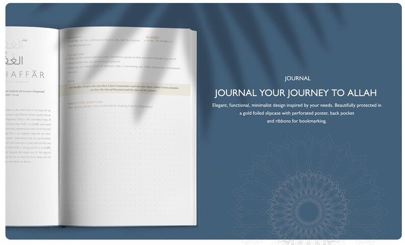 May include: Open journal with text in Arabic and English. The journal is open to a blank page with lines. The cover is a dark blue with the words "JOURNAL YOUR JOURNEY TO ALLAH". The journal has a gold foiled slipcase with a perforated poster, back pocket, and ribbons.