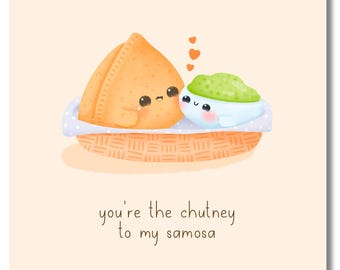 Samosa & Chutney Food Paar Grußkarte - Süße Kawaii Stil Lustige Desi Karten Südasiatische Karte Punjabi Urdu Hindi Indisch Arabisch Halal Humor