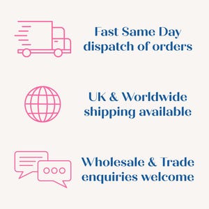 May include: Pink line art illustrations of a delivery truck, globe, and speech bubbles with text. The text includes "Fast Same Day dispatch of orders", "UK & Worldwide shipping available", and "Wholesale & Trade enquiries welcome".